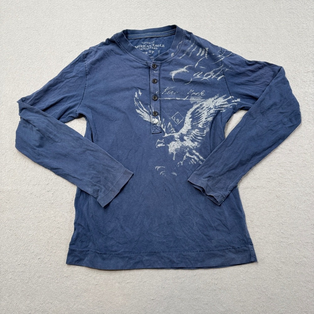 American Eagle Shirt Men's XS Blue Henley Long Sleeve Cotton Graphic Vintage Fit